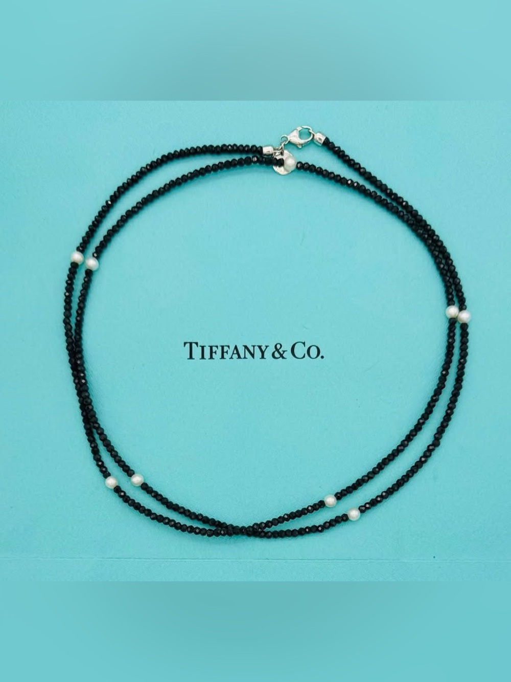 Tiffany& Co. Sterling Black Spinel Pearl Necklace 32” Retired